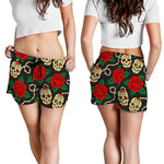 Rose Flower Sugar Skull Pattern Print Women's Shorts
