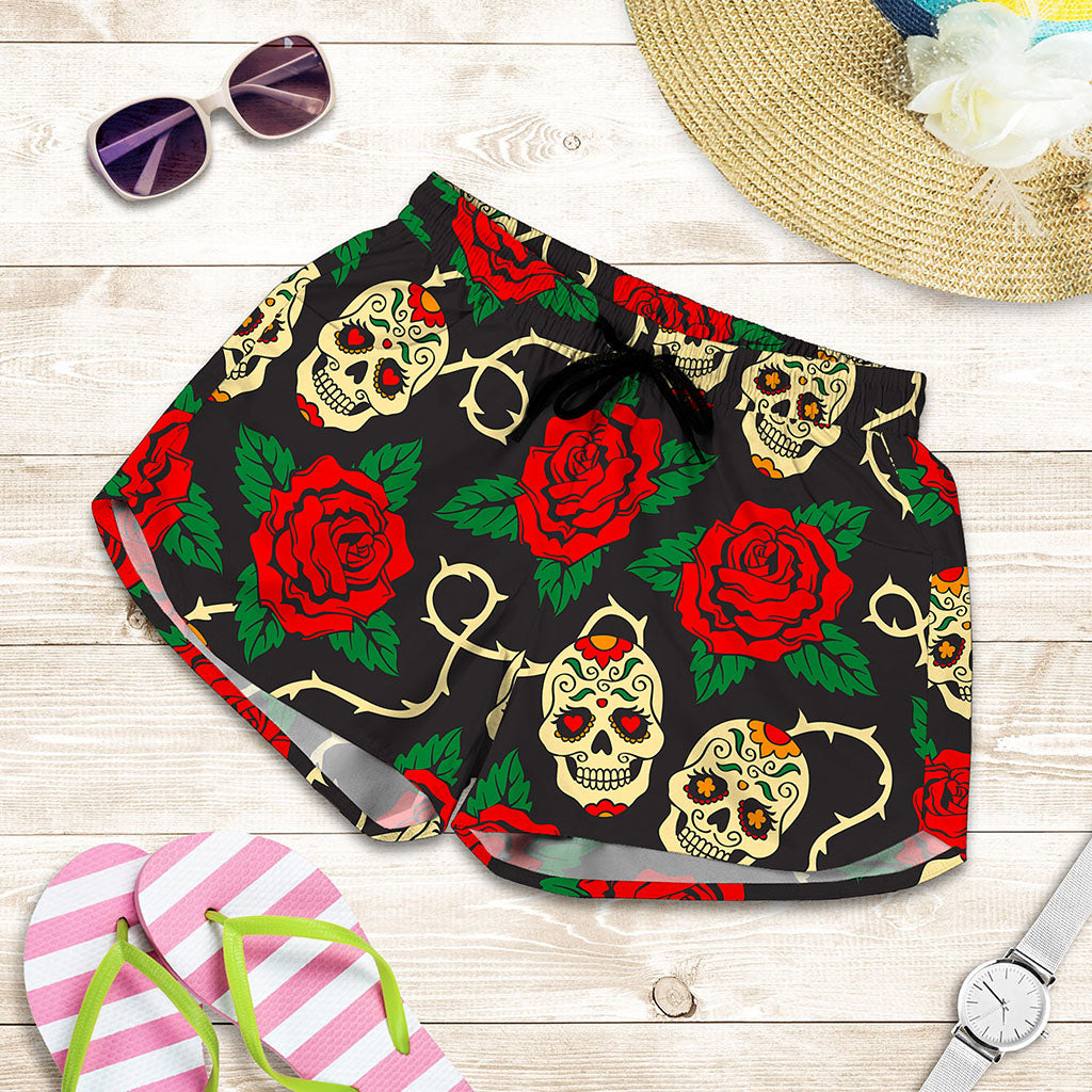 Rose Flower Sugar Skull Pattern Print Women's Shorts