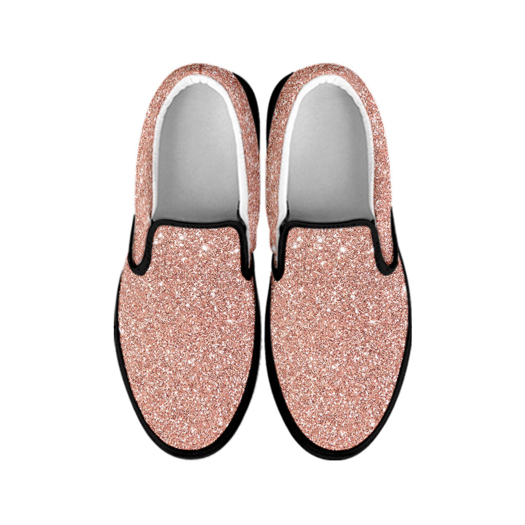 Rose Gold Glitter Texture Print Black Slip On Shoes