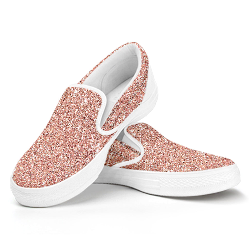 Rose Gold Glitter Texture Print White Slip On Shoes