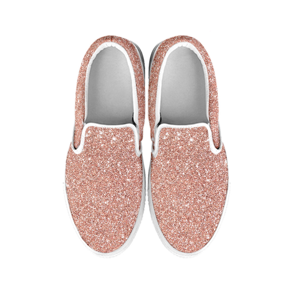 Rose Gold Glitter Texture Print White Slip On Shoes