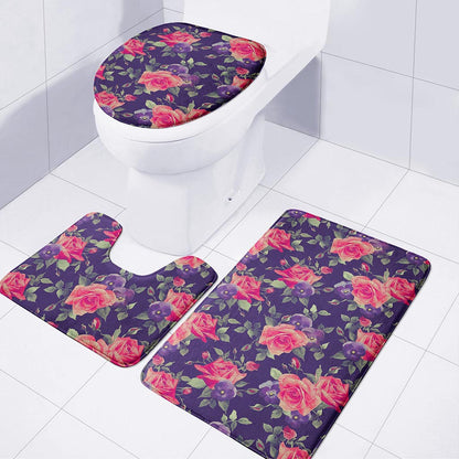Rose Pansy Floral Flower Pattern Print 3 Piece Bath Mat Set