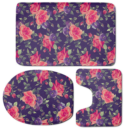 Rose Pansy Floral Flower Pattern Print 3 Piece Bath Mat Set