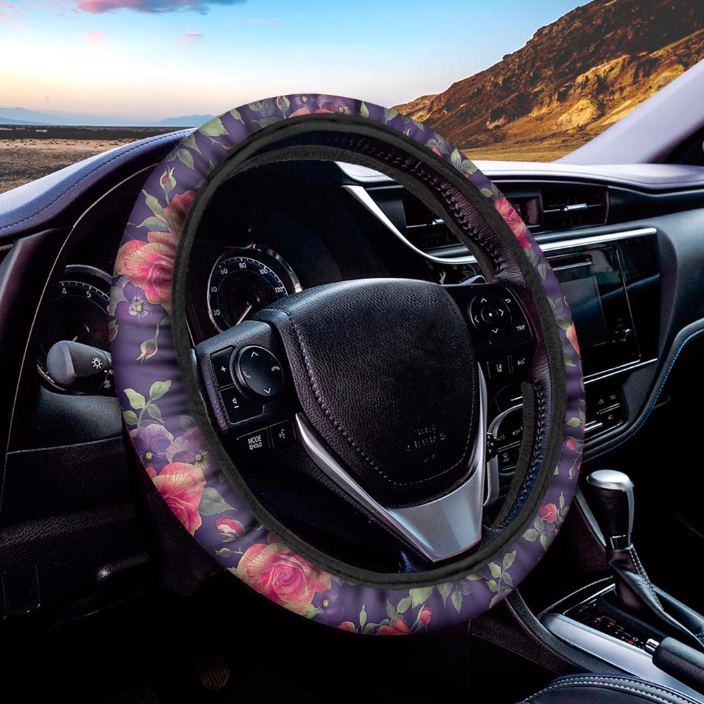 Rose Pansy Floral Flower Pattern Print Car Steering Wheel Cover
