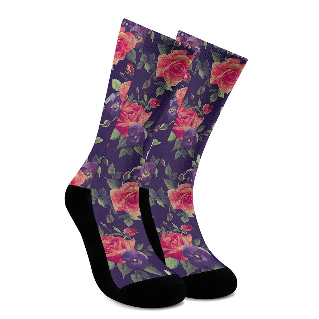 Rose Pansy Floral Flower Pattern Print Crew Socks