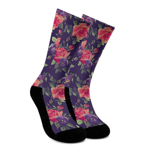 Rose Pansy Floral Flower Pattern Print Crew Socks