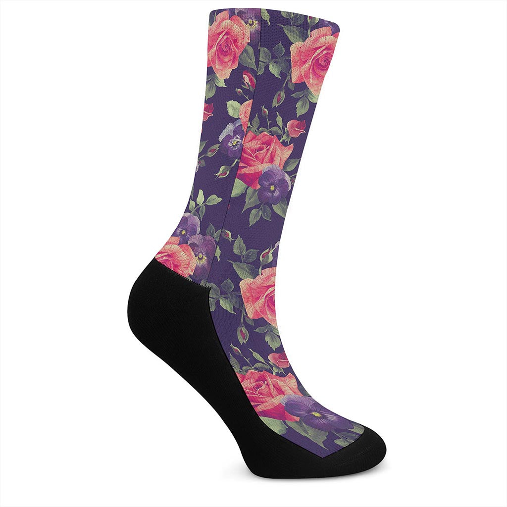 Rose Pansy Floral Flower Pattern Print Crew Socks