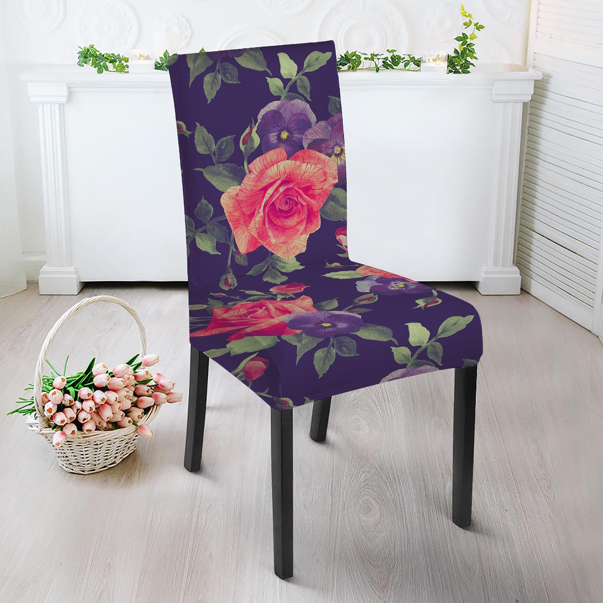 Rose Pansy Floral Flower Pattern Print Dining Chair Slipcover