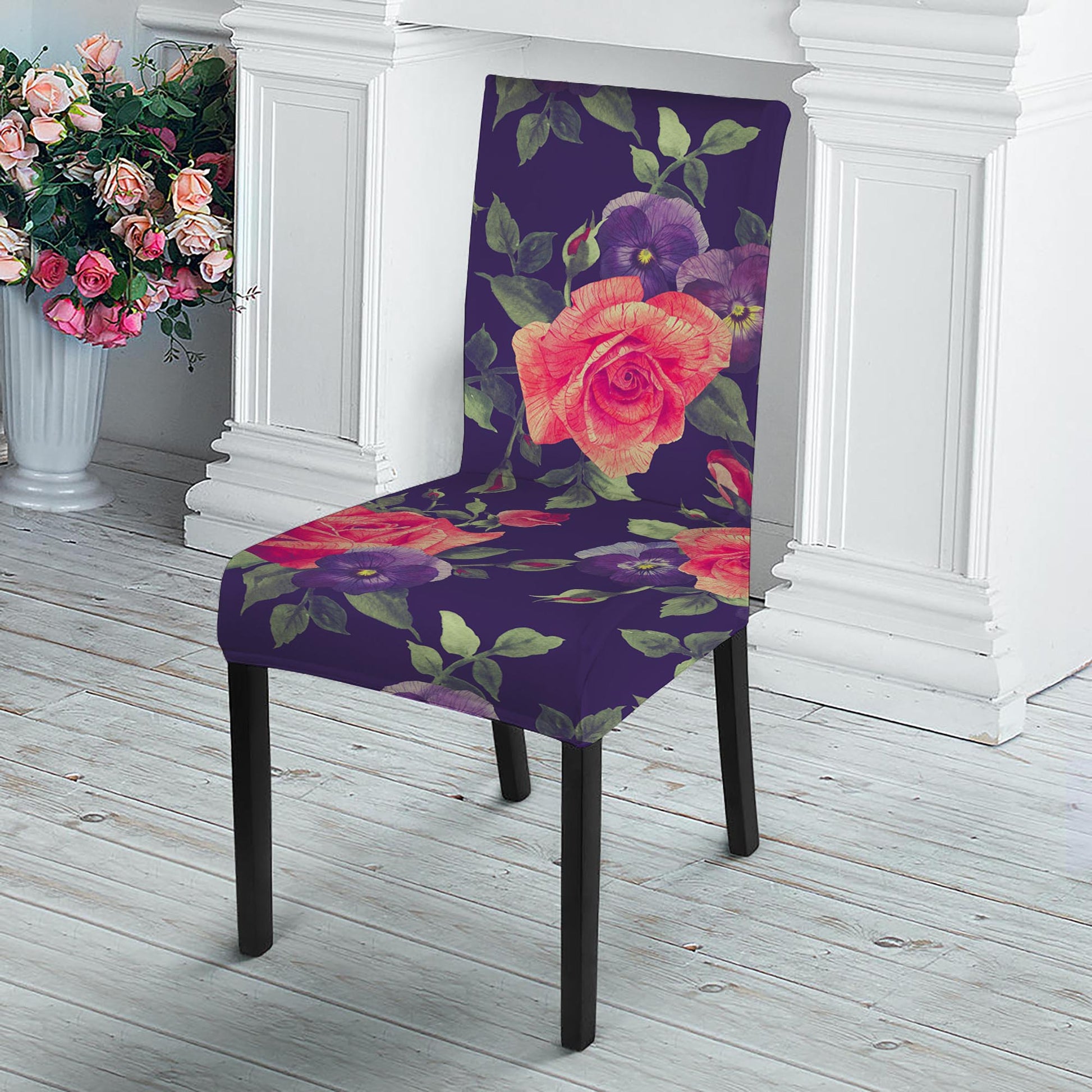Rose Pansy Floral Flower Pattern Print Dining Chair Slipcover