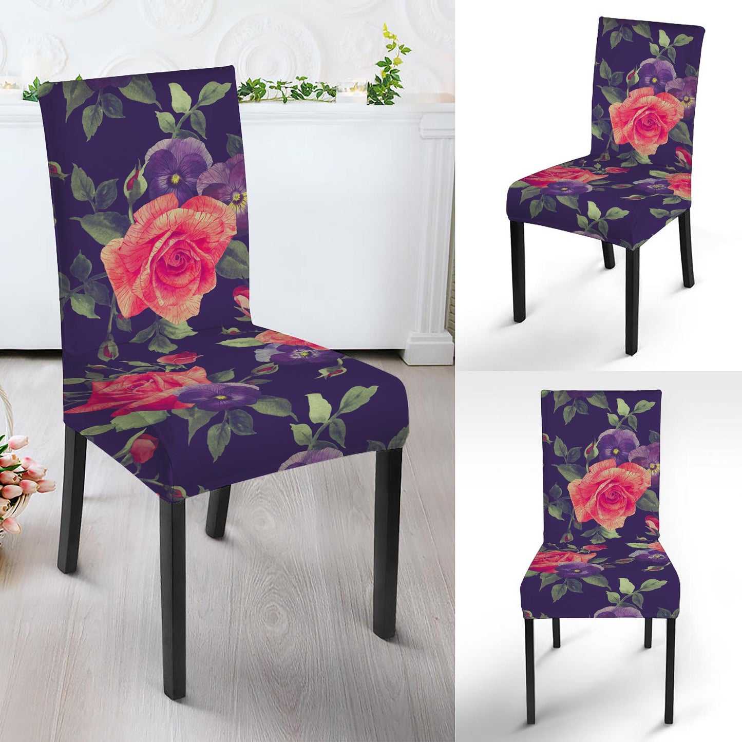 Rose Pansy Floral Flower Pattern Print Dining Chair Slipcover