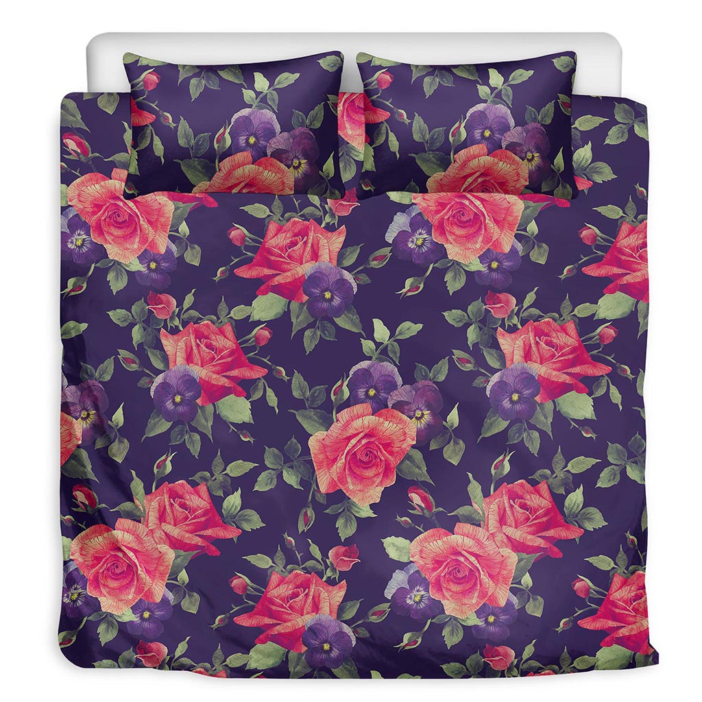 Rose Pansy Floral Flower Pattern Print Duvet Cover Bedding Set