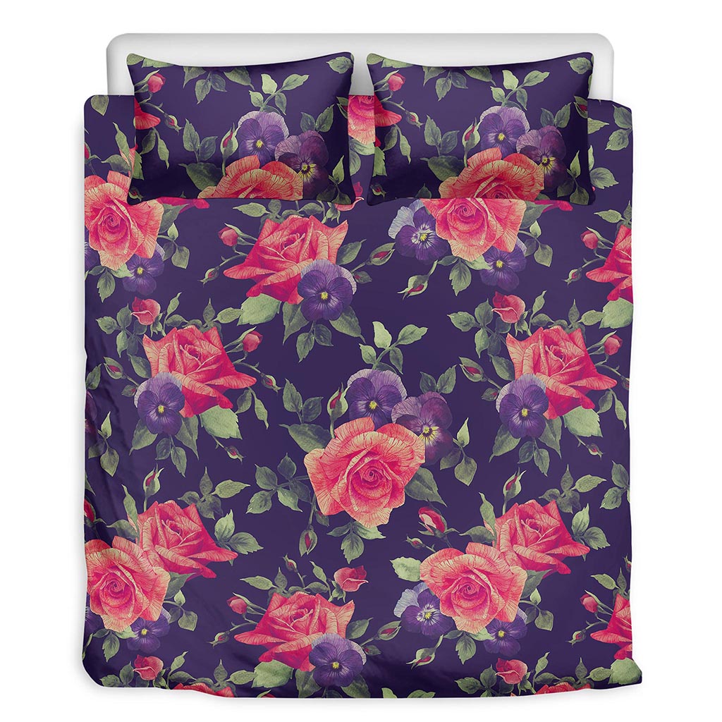 Rose Pansy Floral Flower Pattern Print Duvet Cover Bedding Set