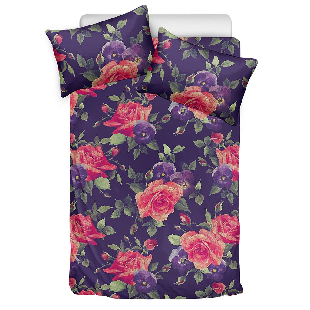 Rose Pansy Floral Flower Pattern Print Duvet Cover Bedding Set