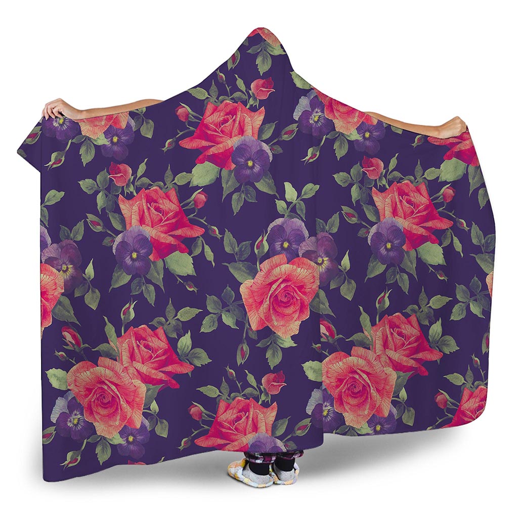 Rose Pansy Floral Flower Pattern Print Hooded Blanket