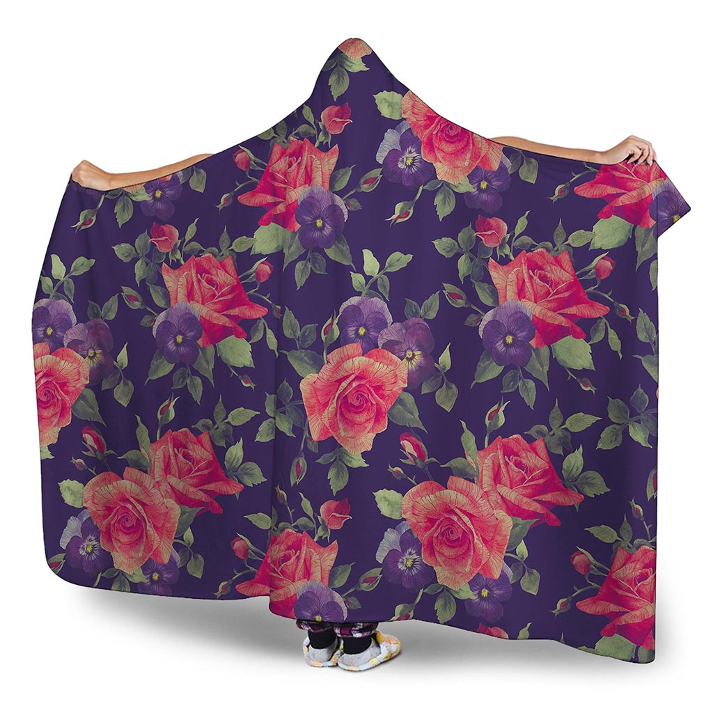 Rose Pansy Floral Flower Pattern Print Hooded Blanket