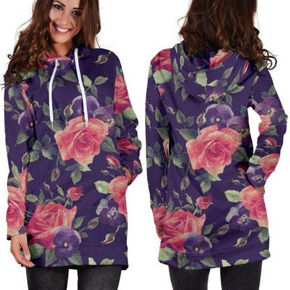 Rose Pansy Floral Flower Pattern Print Hoodie Dress GearFrost