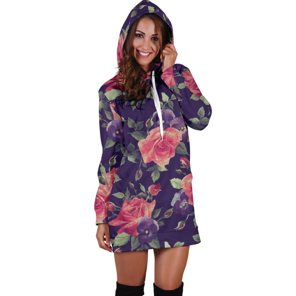 Rose Pansy Floral Flower Pattern Print Hoodie Dress GearFrost