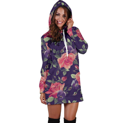Rose Pansy Floral Flower Pattern Print Hoodie Dress GearFrost