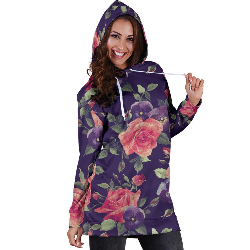 Rose Pansy Floral Flower Pattern Print Hoodie Dress GearFrost