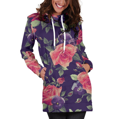 Rose Pansy Floral Flower Pattern Print Hoodie Dress GearFrost