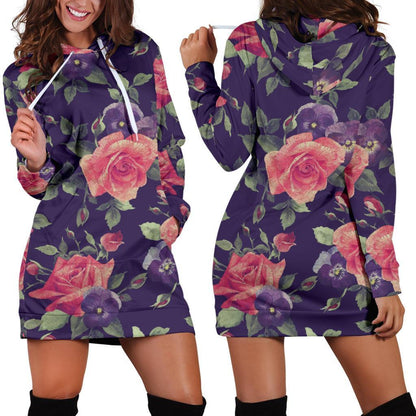 Rose Pansy Floral Flower Pattern Print Hoodie Dress GearFrost
