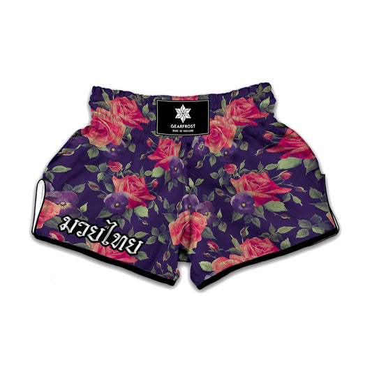 Rose Pansy Floral Flower Pattern Print Muay Thai Boxing Shorts