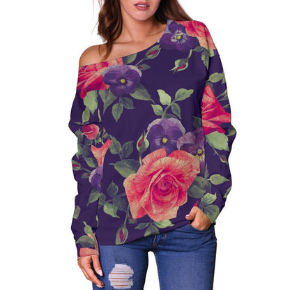 Rose Pansy Floral Flower Pattern Print Off Shoulder Sweatshirt GearFrost