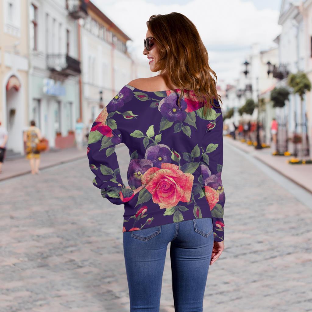Rose Pansy Floral Flower Pattern Print Off Shoulder Sweatshirt GearFrost