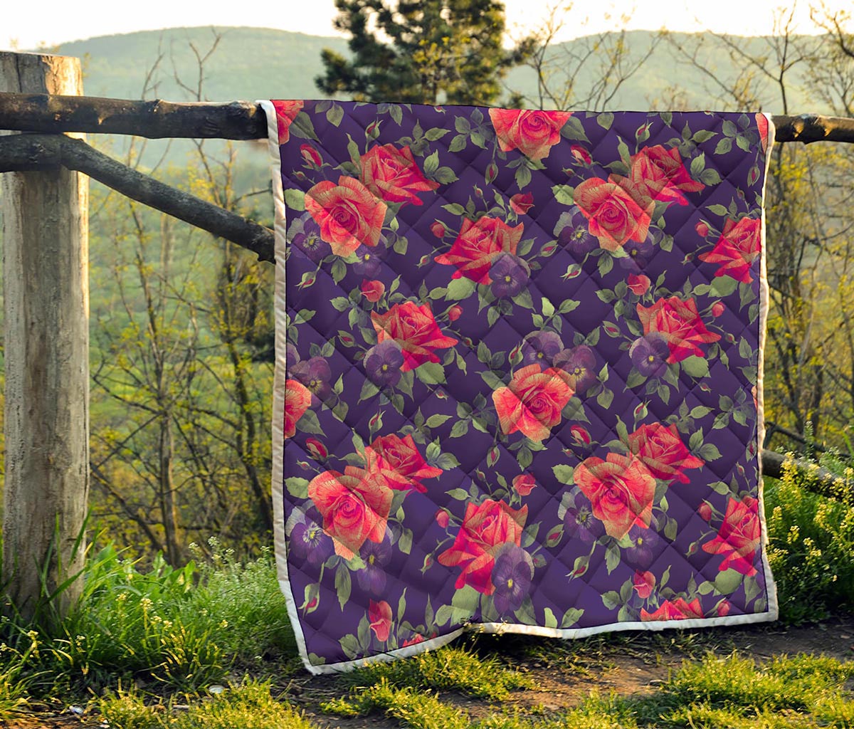 Rose Pansy Floral Flower Pattern Print Quilt