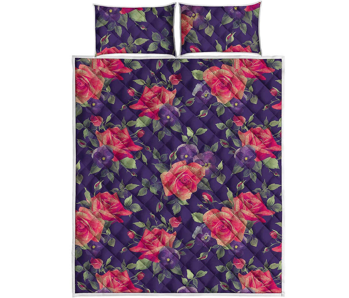 Rose Pansy Floral Flower Pattern Print Quilt Bed Set