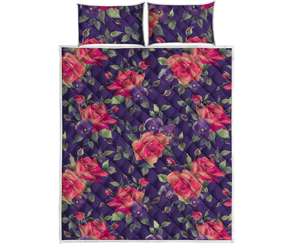 Rose Pansy Floral Flower Pattern Print Quilt Bed Set