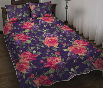 Rose Pansy Floral Flower Pattern Print Quilt Bed Set