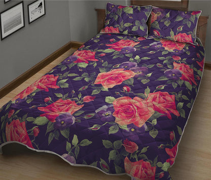 Rose Pansy Floral Flower Pattern Print Quilt Bed Set
