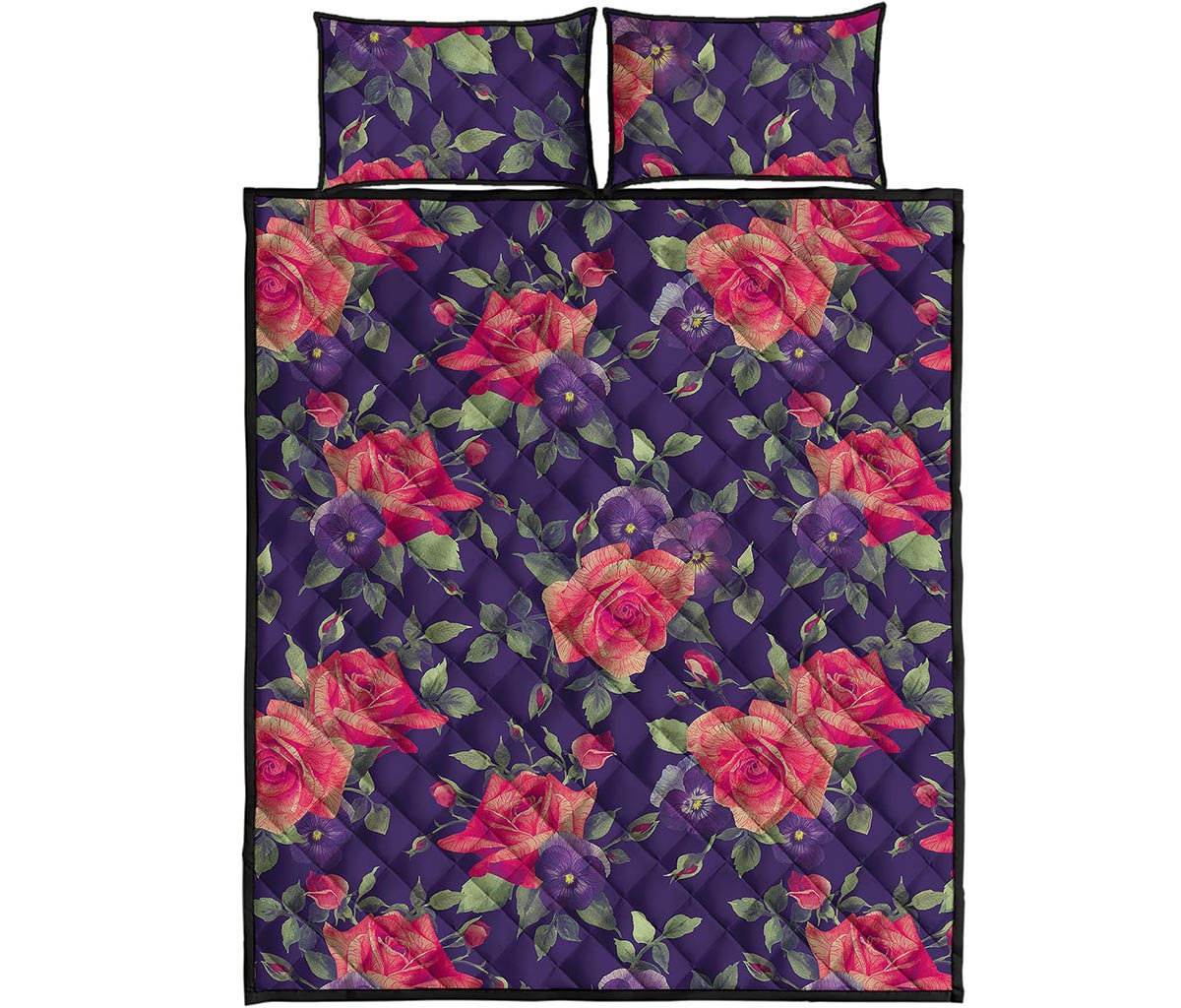 Rose Pansy Floral Flower Pattern Print Quilt Bed Set