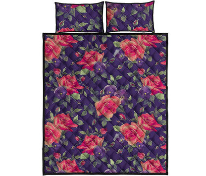 Rose Pansy Floral Flower Pattern Print Quilt Bed Set