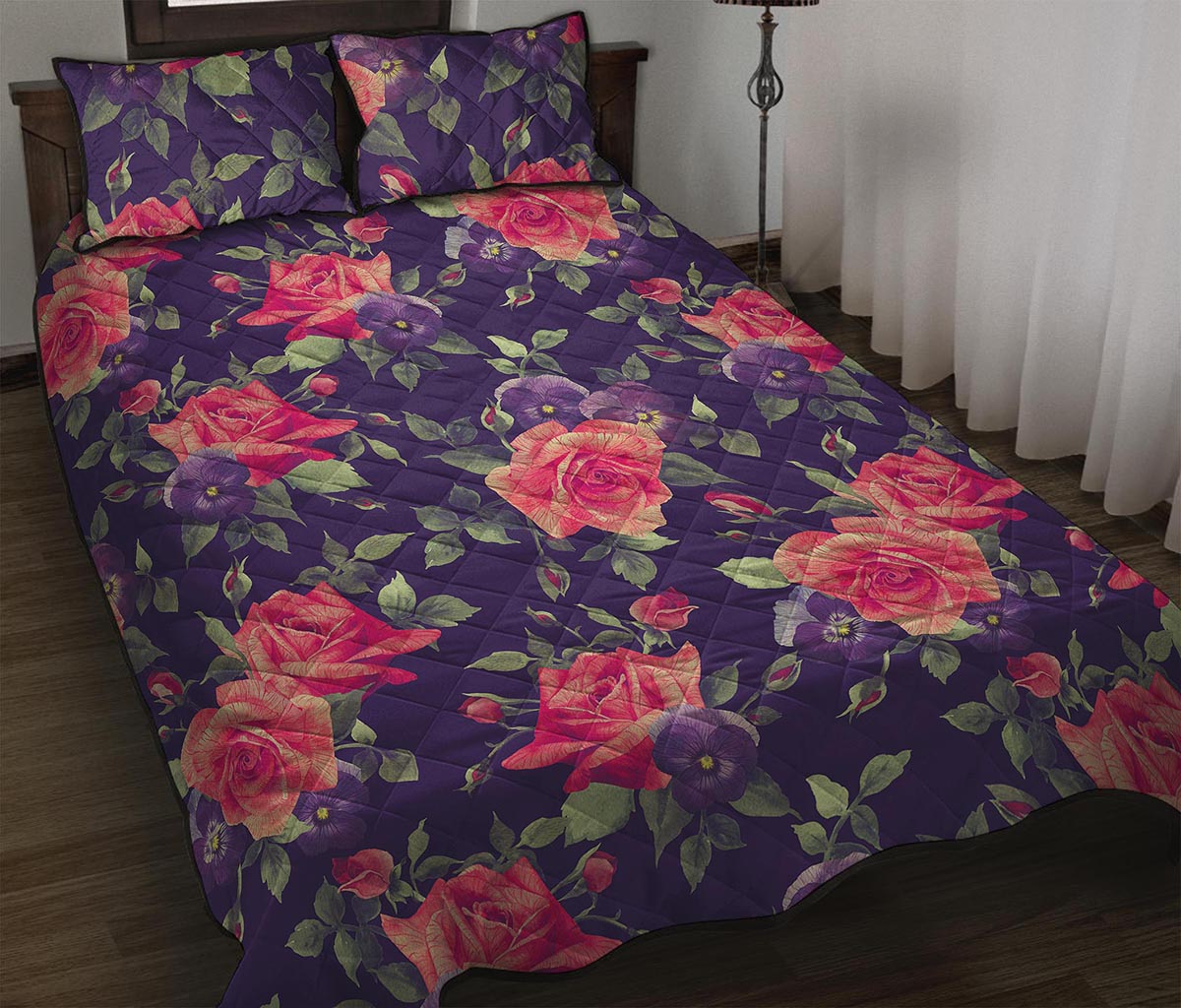 Rose Pansy Floral Flower Pattern Print Quilt Bed Set