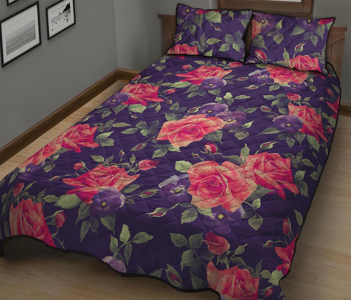 Rose Pansy Floral Flower Pattern Print Quilt Bed Set