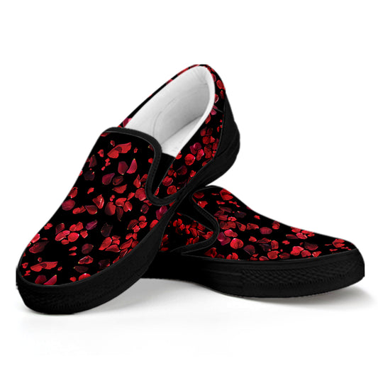 Rose Petals Pattern Print Black Slip On Shoes