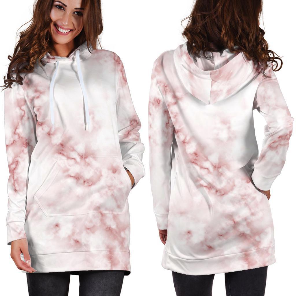 Rose Pink Marble Print Hoodie Dress GearFrost