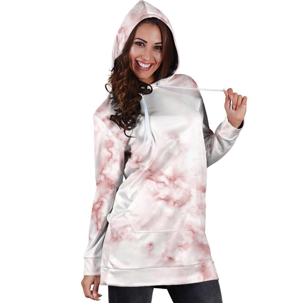 Rose Pink Marble Print Hoodie Dress GearFrost