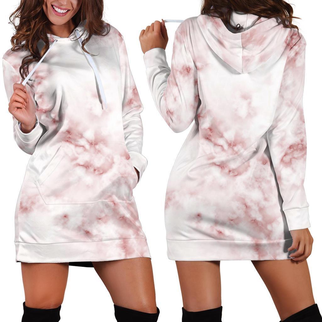 Rose Pink Marble Print Hoodie Dress GearFrost