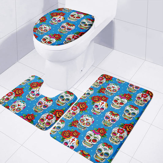 Rose Sugar Skull Pattern Print 3 Piece Bath Mat Set