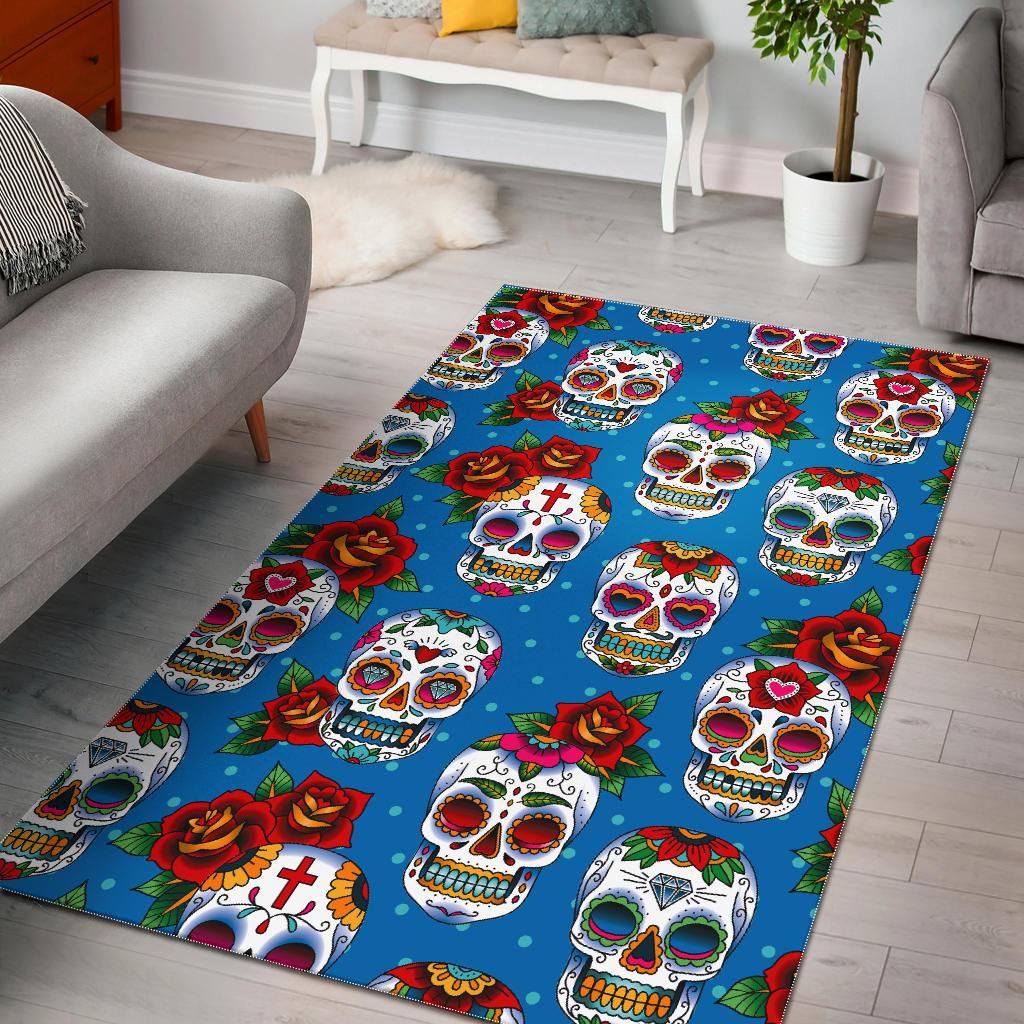 Rose Sugar Skull Pattern Print Area Rug GearFrost