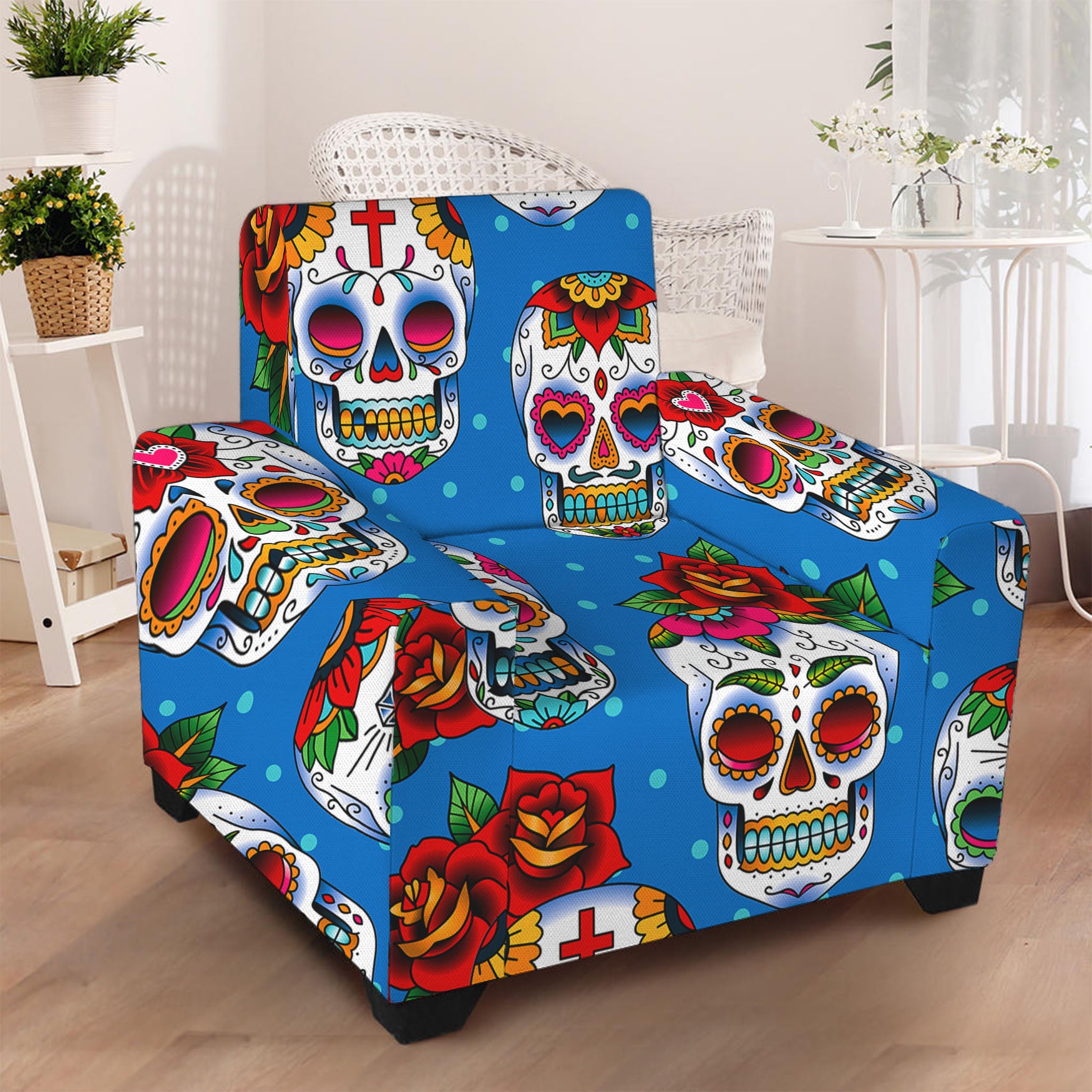 Rose Sugar Skull Pattern Print Armchair Slipcover