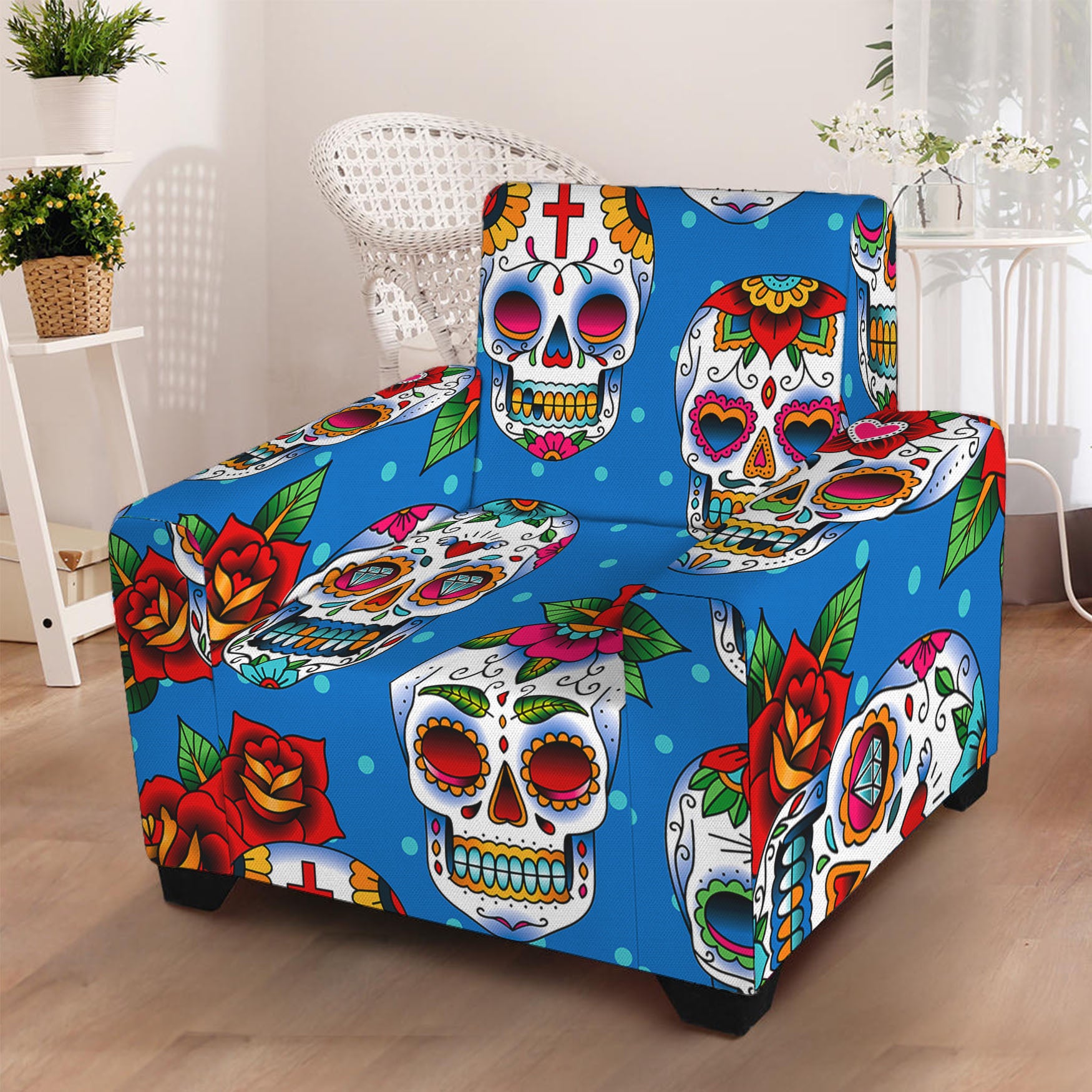 Rose Sugar Skull Pattern Print Armchair Slipcover