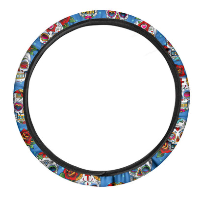 Rose Sugar Skull Pattern Print Car Steering Wheel Cover