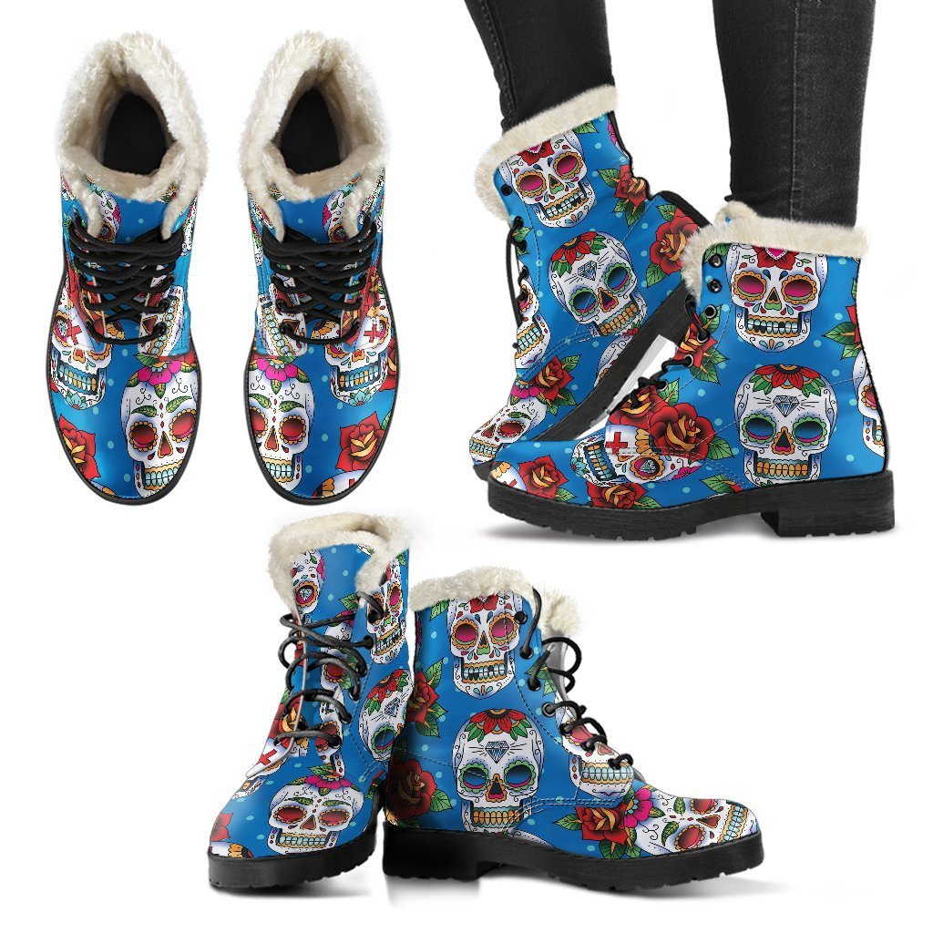 Rose Sugar Skull Pattern Print Comfy Boots GearFrost