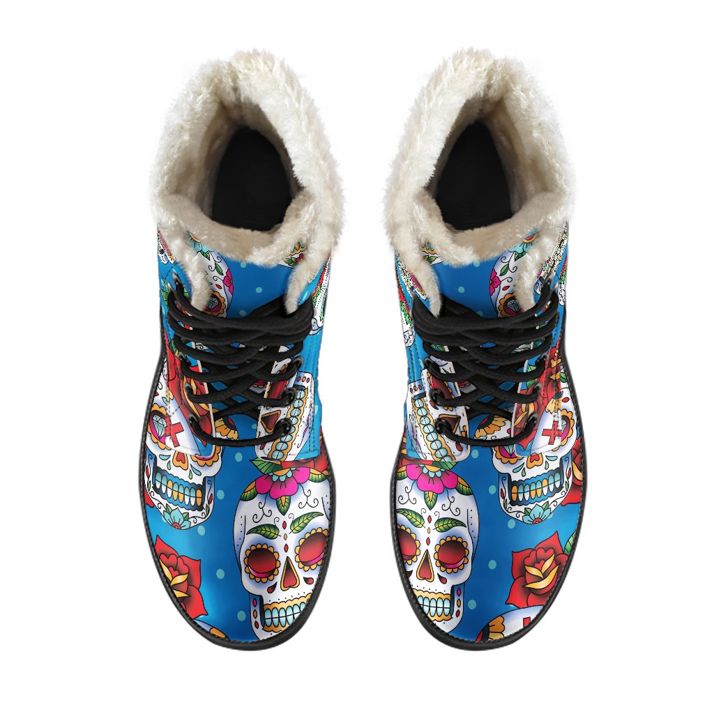 Rose Sugar Skull Pattern Print Comfy Boots GearFrost