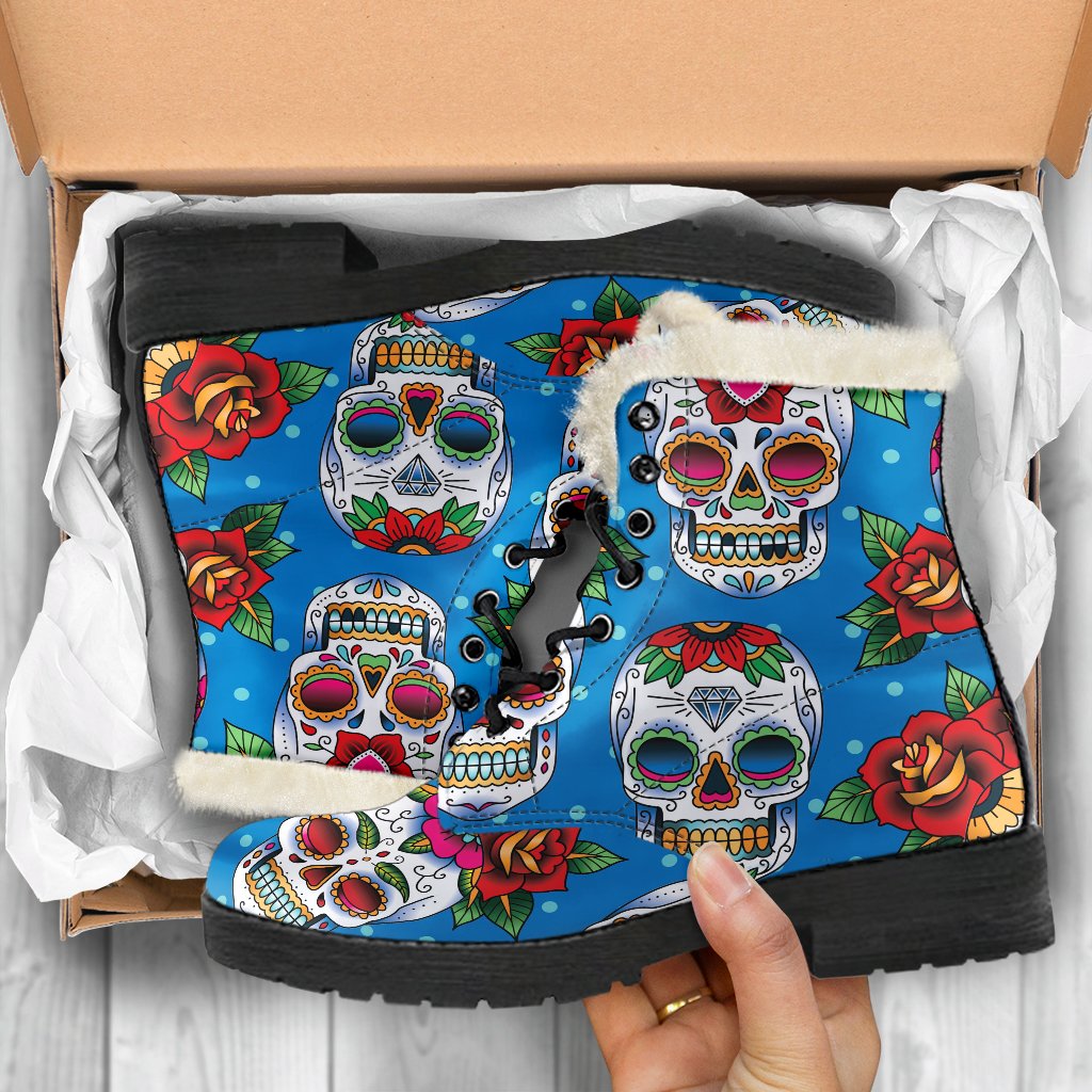 Rose Sugar Skull Pattern Print Comfy Boots GearFrost
