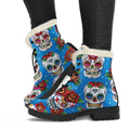 Rose Sugar Skull Pattern Print Faux Fur Leather Boots